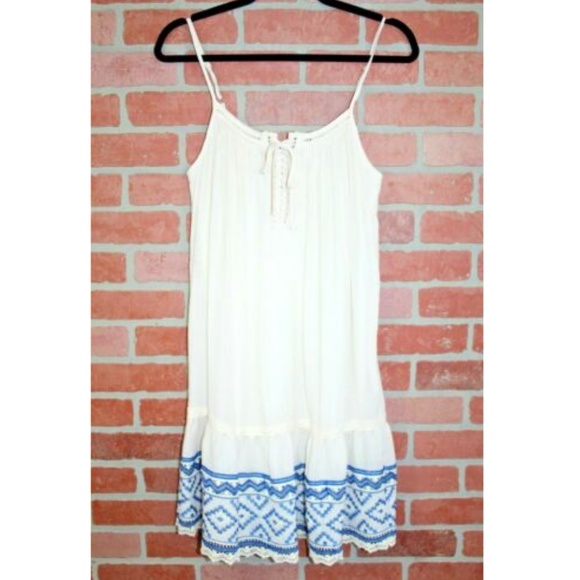 Jodi Kristopher Ivory & Blue Boho Lace Up Dress - Picture 1 of 6